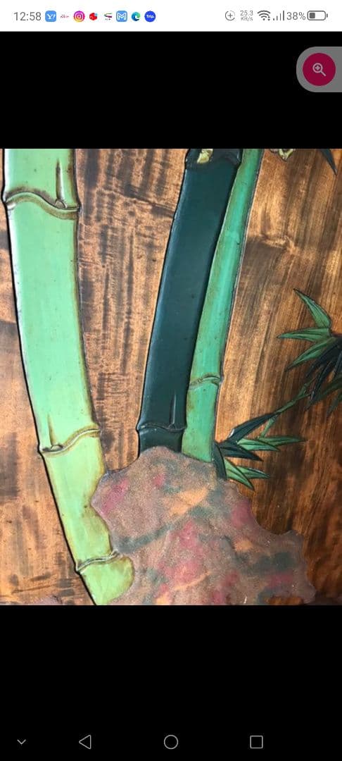 1枚板銘木衝立　鴛鴦、松、竹彫刻