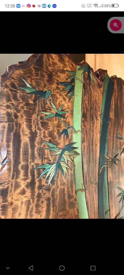 1枚板銘木衝立　鴛鴦、松、竹彫刻