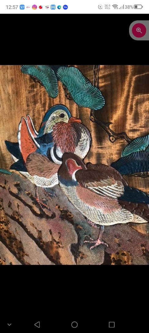 1枚板銘木衝立　鴛鴦、松、竹彫刻