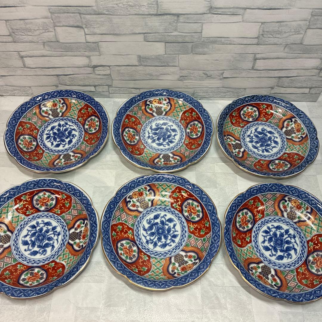 第一陶器 明宝窯 染錦 元禄古伊万里 中皿揃 和皿　輪花皿 金彩色絵