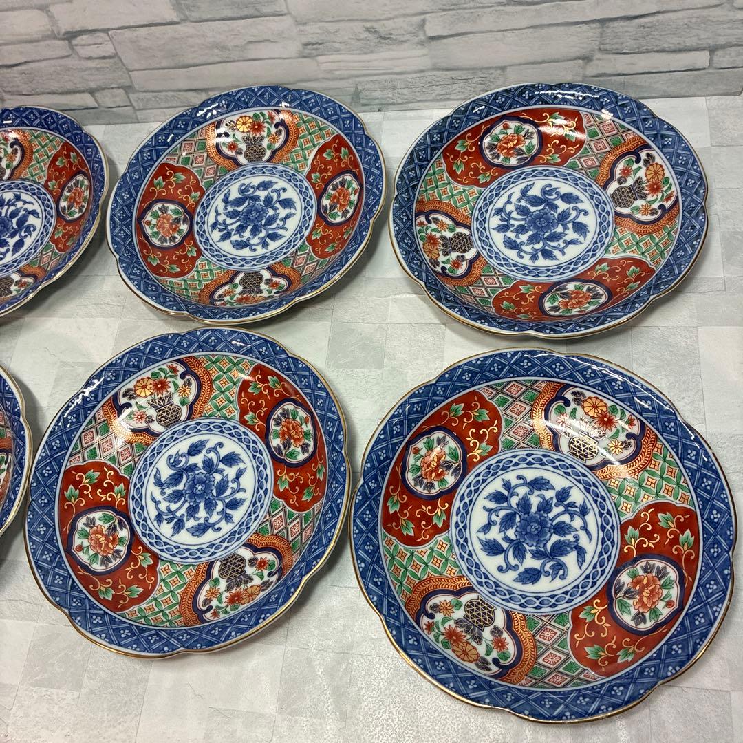 第一陶器 明宝窯 染錦 元禄古伊万里 中皿揃 和皿　輪花皿 金彩色絵