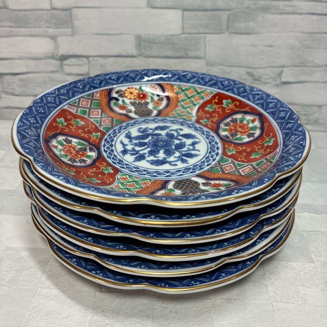 第一陶器 明宝窯 染錦 元禄古伊万里 中皿揃 和皿　輪花皿 金彩色絵