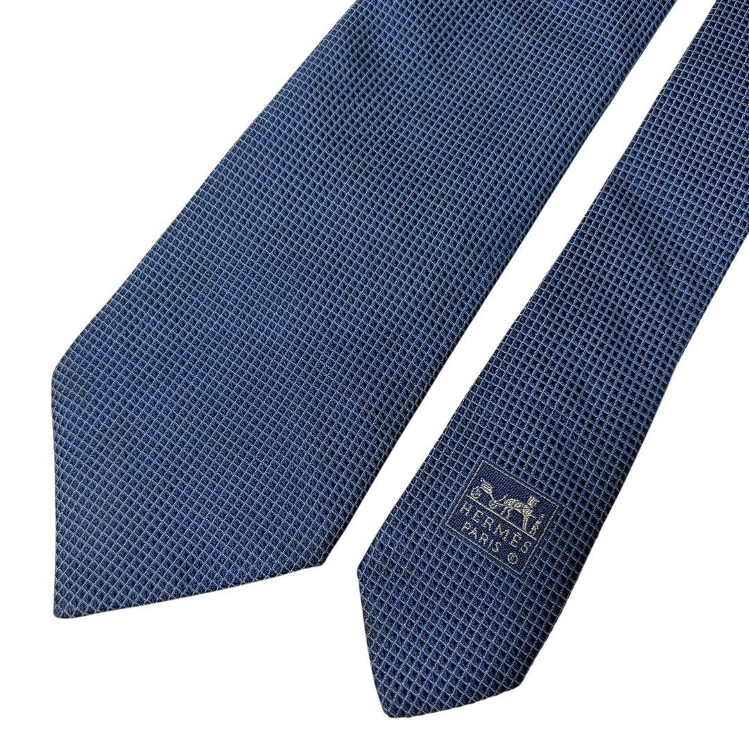 i*b様 HERMES エルメス ギンガムチェック シルク ネクタイ ブルー 青