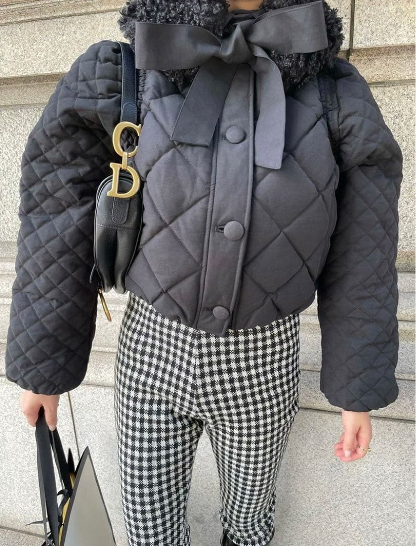 【セール中】epine キルティングショートダウンコート リボン付き ブラック