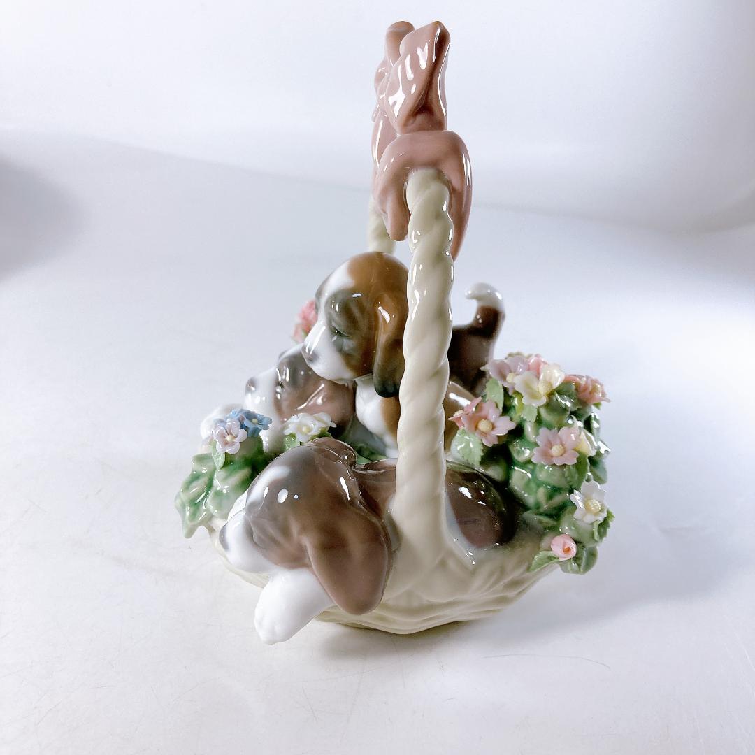 【絶版】リヤドロ 三つ子の子犬　　花・かご・子犬・犬・バスケット　|1506|