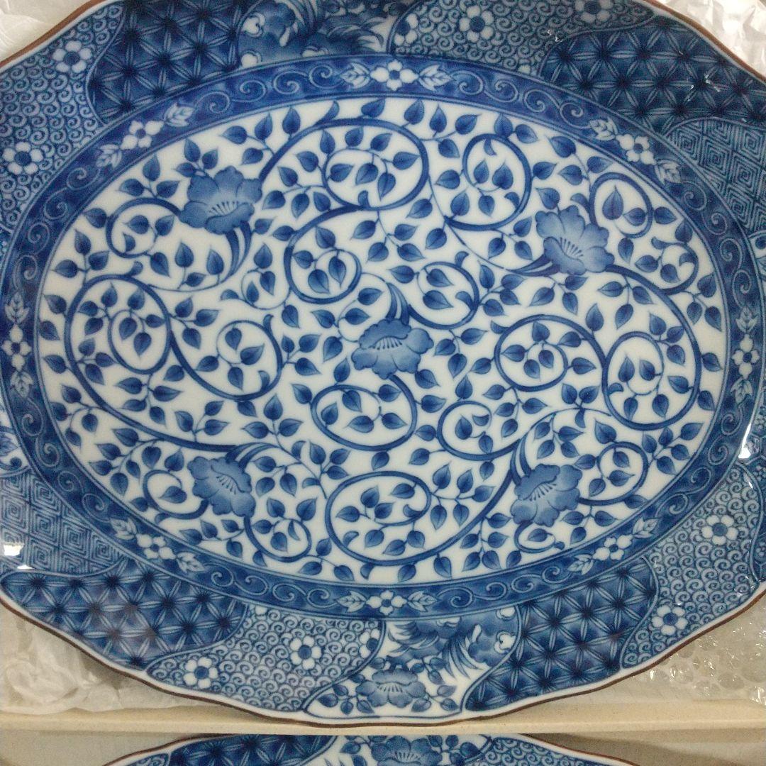 美濃焼・龍峯☆楕円大皿2枚セット　ねじり祥瑞　オードブル皿染付