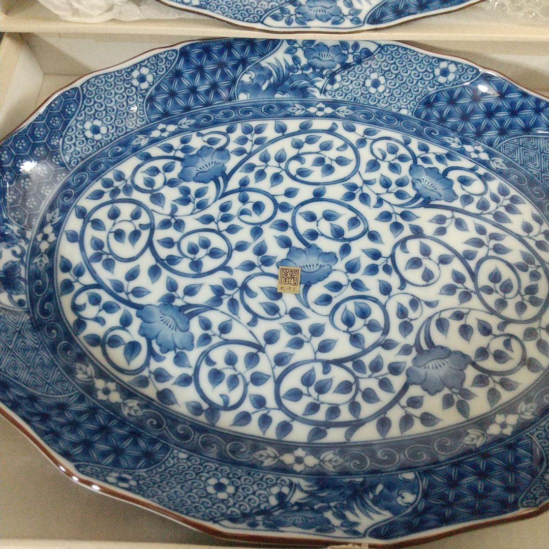 美濃焼・龍峯☆楕円大皿2枚セット　ねじり祥瑞　オードブル皿染付