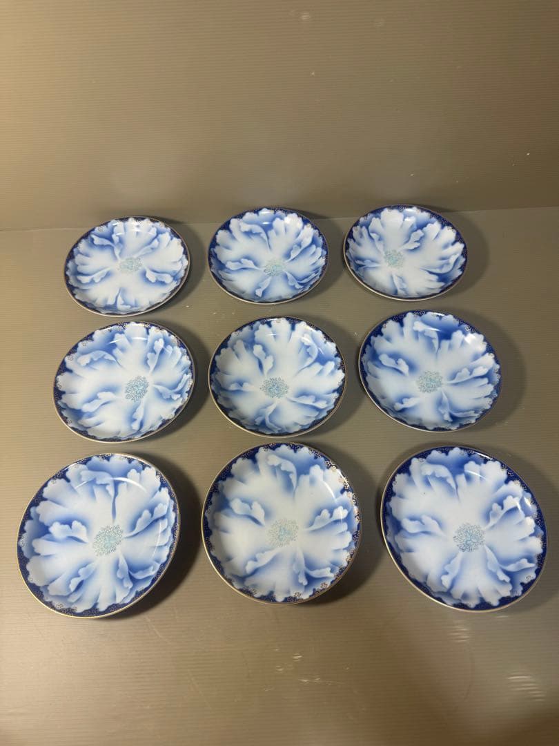 2640 深川製磁　牡丹金ミル　中皿　9客　金彩