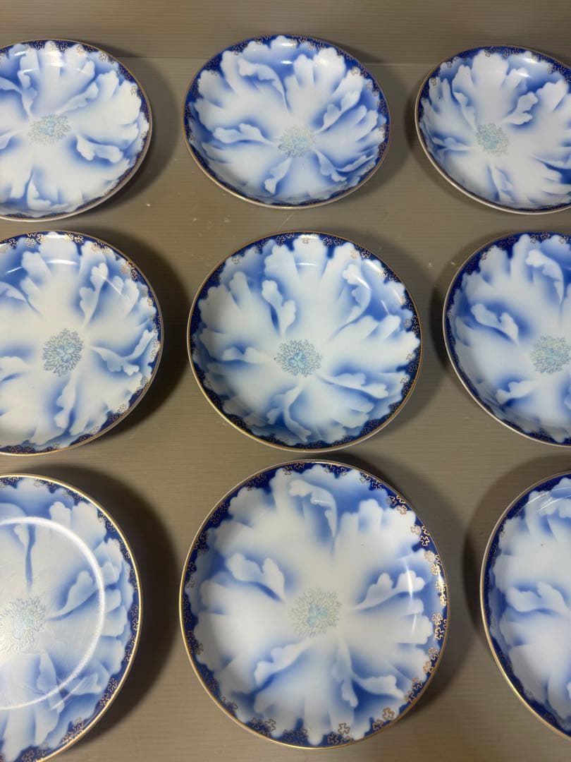 2640 深川製磁　牡丹金ミル　中皿　9客　金彩