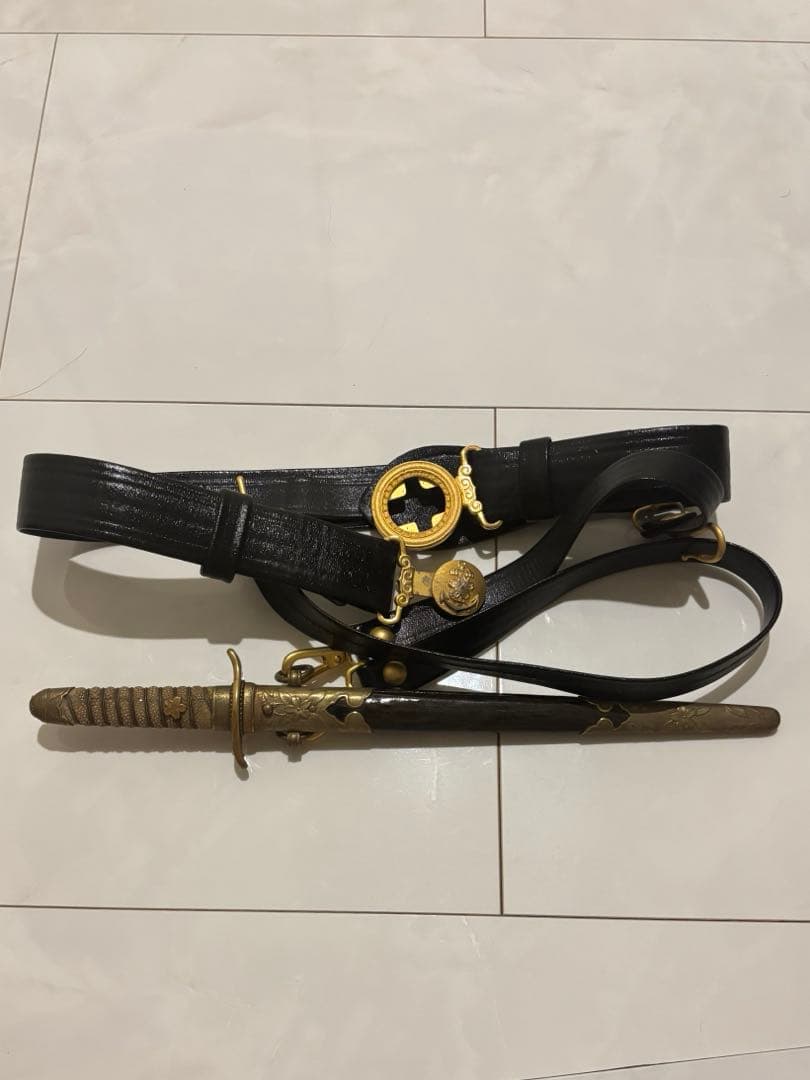 15日迄 希少品　旧海軍 士官 短剣 鮫皮研ぎ出し 模造刀　当時物　金ベルト付