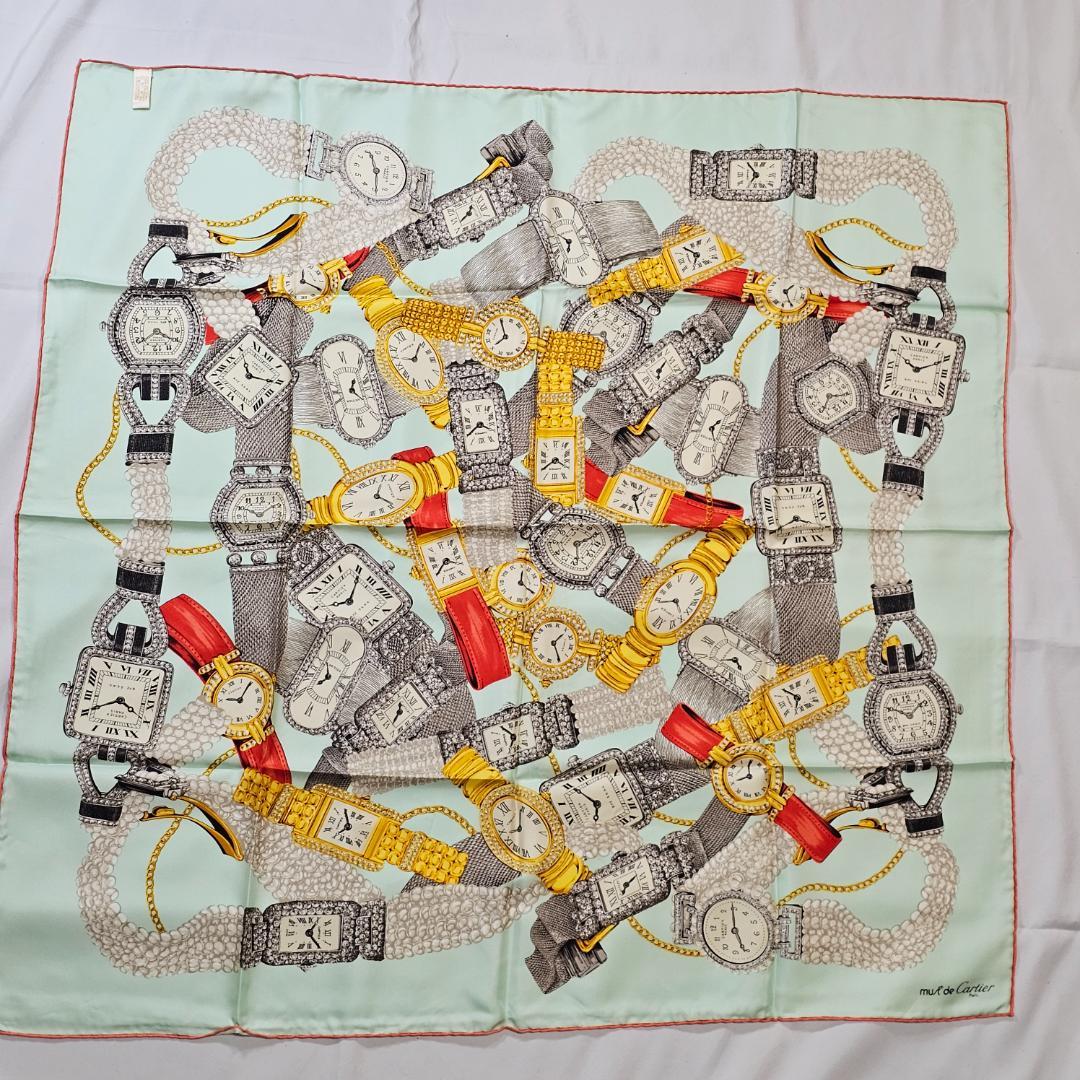 カルティエ シルク スカーフ 時計柄 ミントグリーン