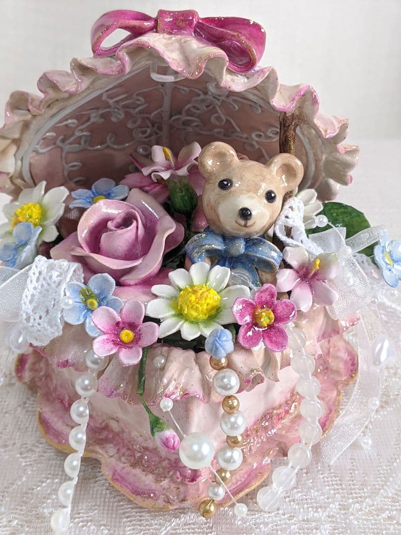 【専用】クレイフラワー♥ハート型薔薇の宝箱ドールとうさぎさん（大)♥ハンドメイド