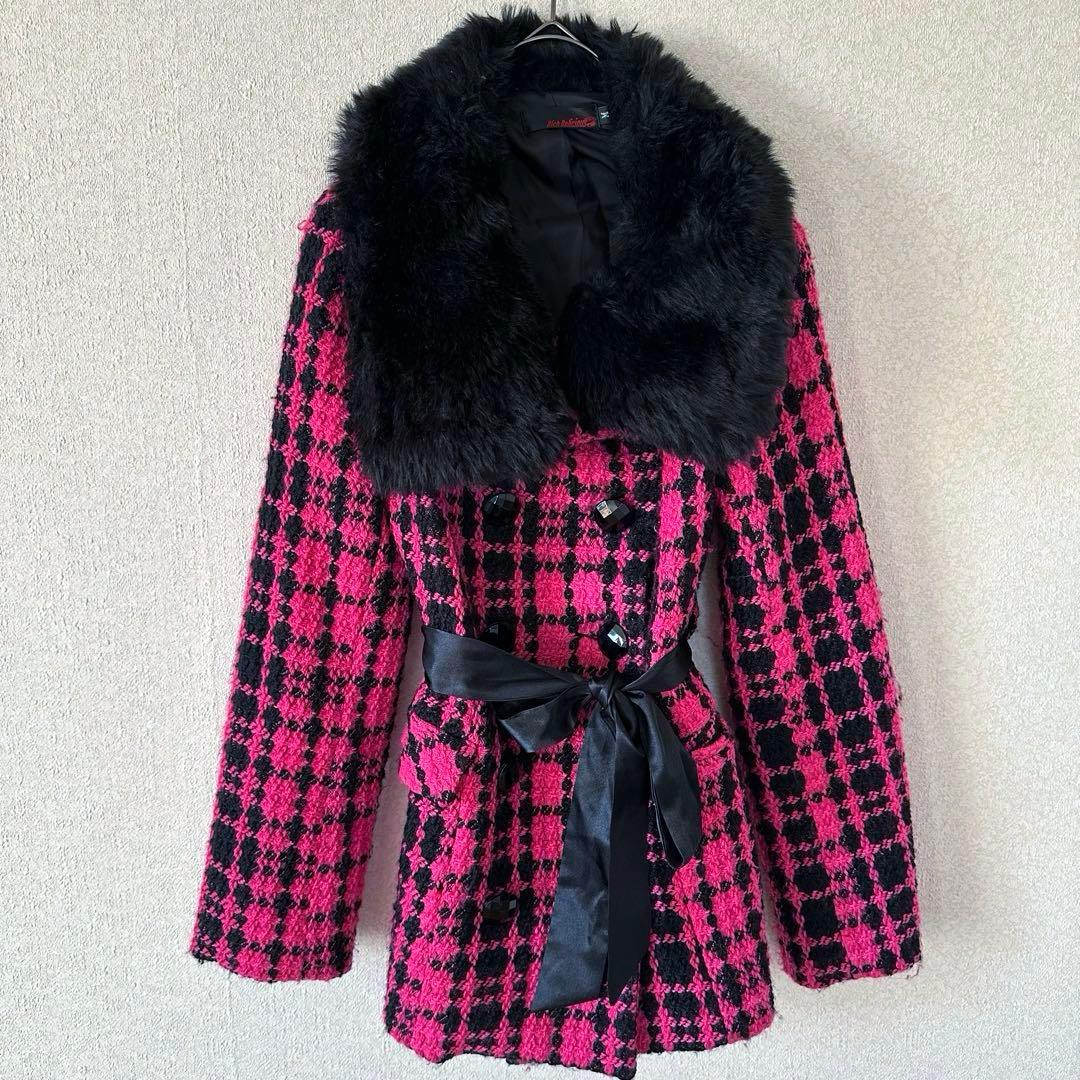 d.i.a.系 ピンクツイード ブラックリッチファーコート 3WAY 平成当時物