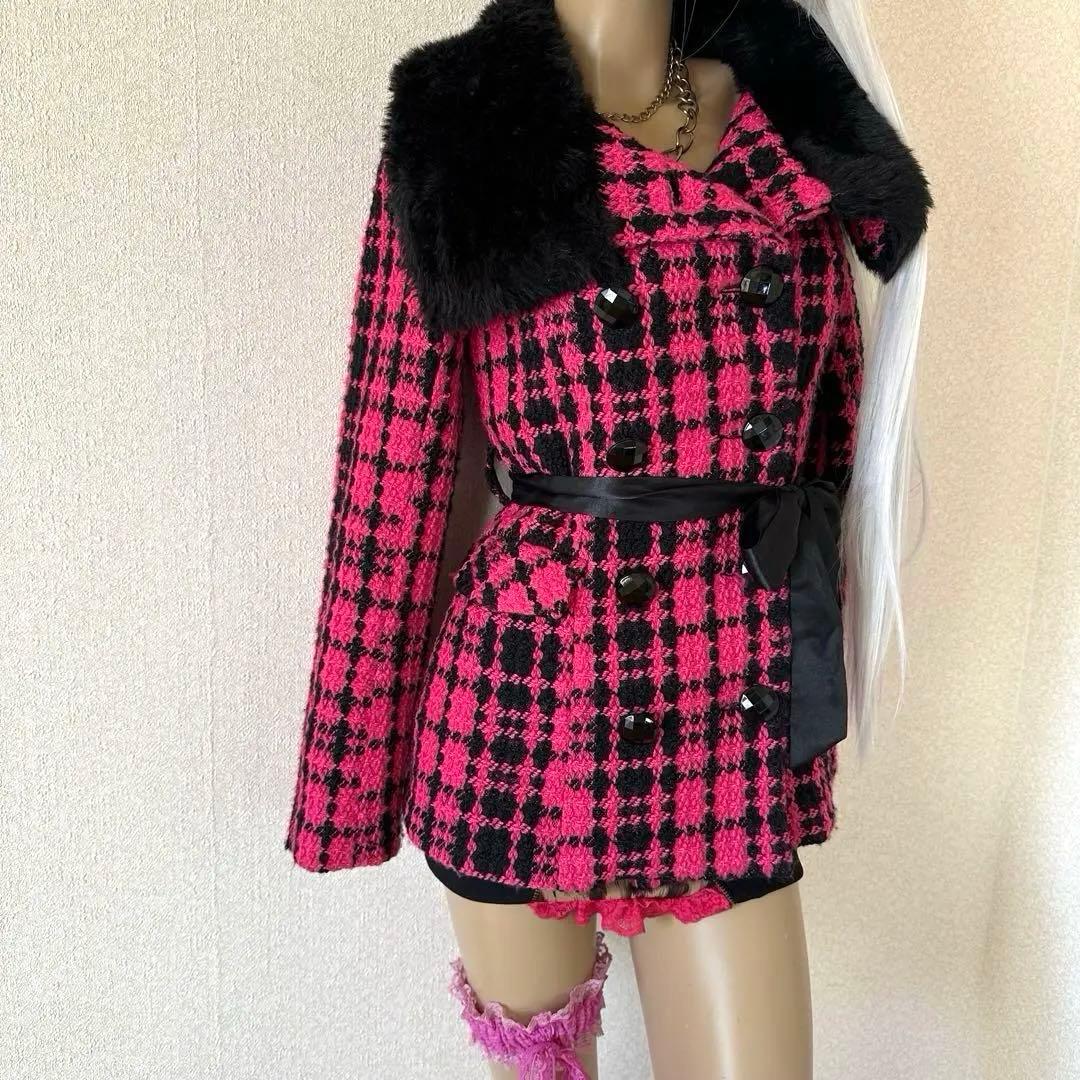 d.i.a.系 ピンクツイード ブラックリッチファーコート 3WAY 平成当時物