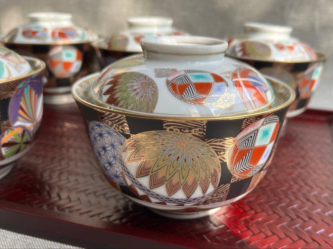 庫山窯　色絵手まり　蓋付き丼　小丼　蓋付き煮物碗　5点