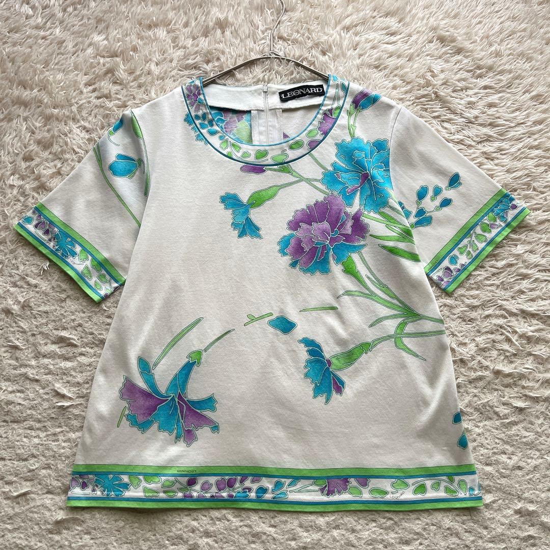 レオナール カットソー シャツ 半袖 花柄 トリム ホワイト マルチカラー M