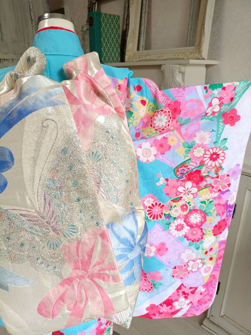 ☆白ブルーピンクに束ね熨斗の着物とキラキラ作り帯☆七五三７歳