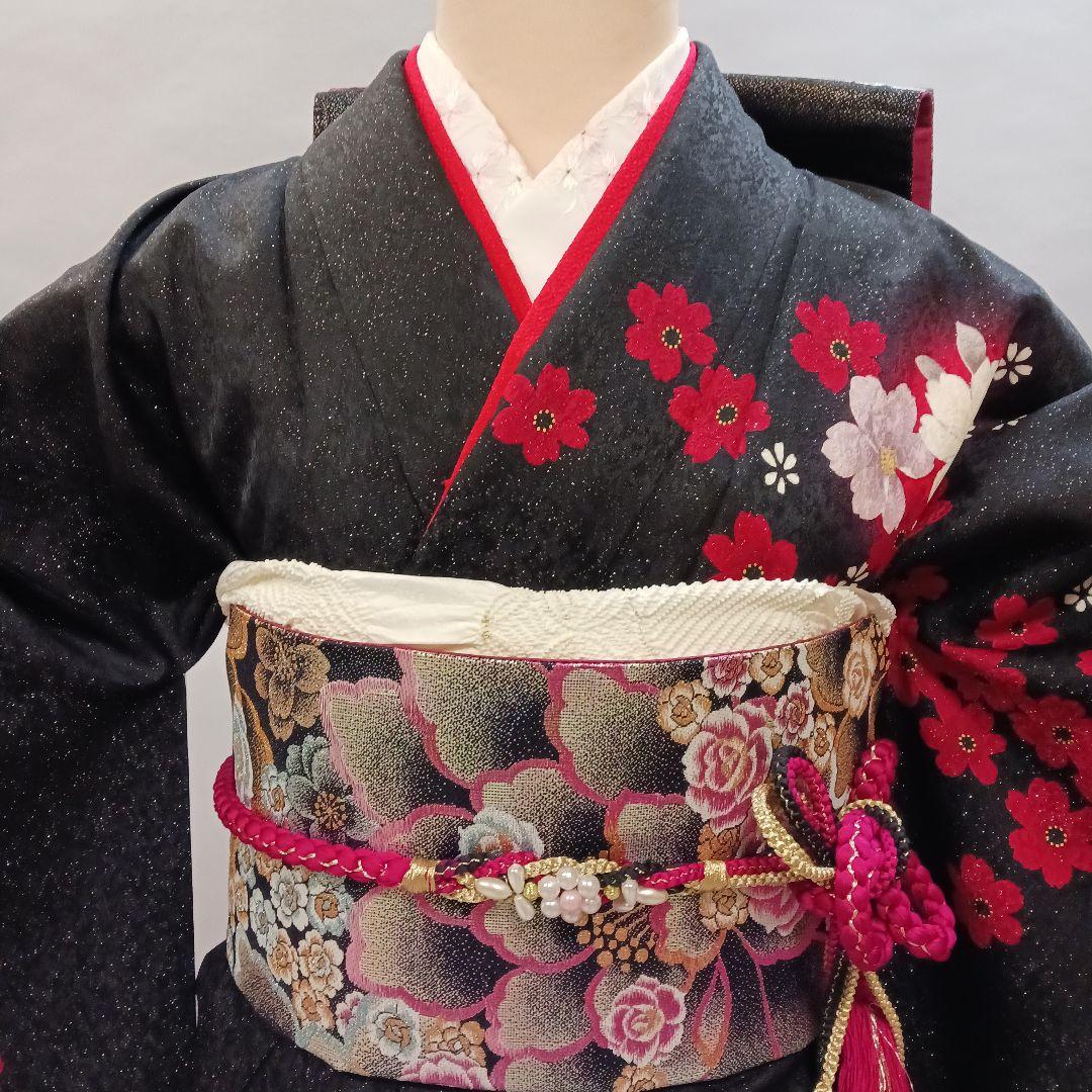 赤黒グラデーション　ラメ振袖フルセット