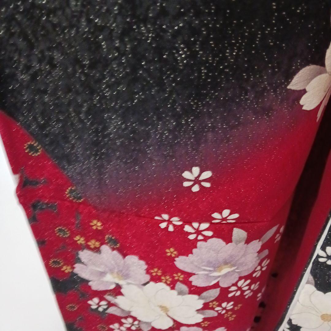 赤黒グラデーション　ラメ振袖フルセット