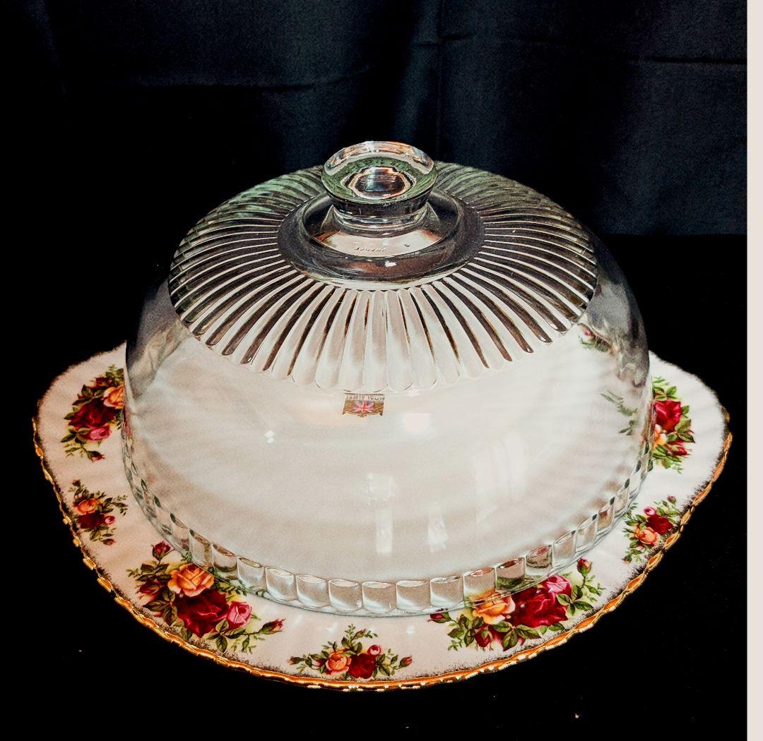 美品　ロイヤルアルバート オールドカントリーローズ ケーキプレート＆ガラスドーム