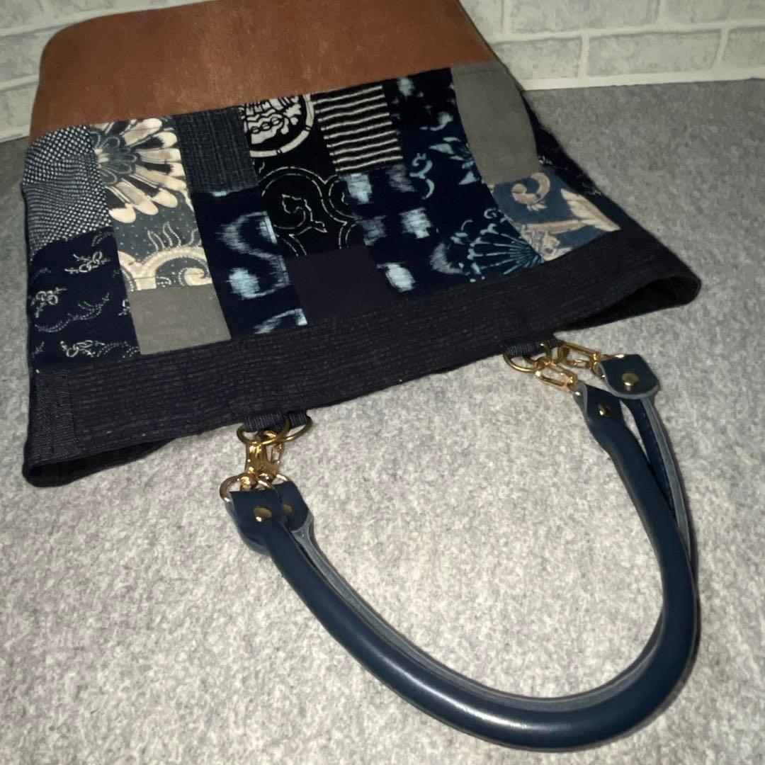 【一点物】酒袋×古布藍染トート59 家紋 刺し子 パッチワーク A4OK肩掛け可