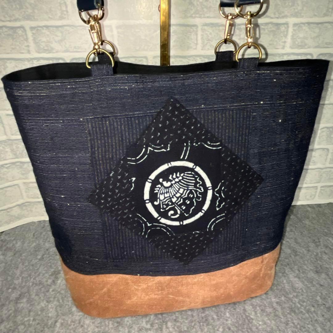 【一点物】酒袋×古布藍染トート59 家紋 刺し子 パッチワーク A4OK肩掛け可