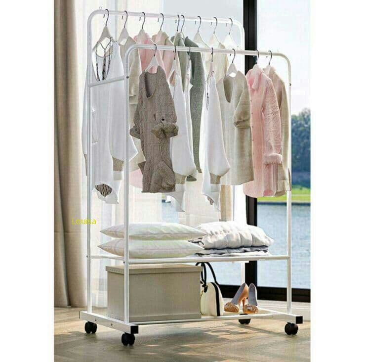 はんがーラックパイプハンガーラックダブル 頑丈 組立簡単2段メッシュ棚付き16