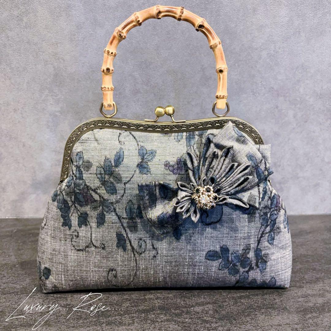 新作　和の心シリーズ洗練された大きめバンブー紬の優しい艶感つまみ細工飾りを添えて