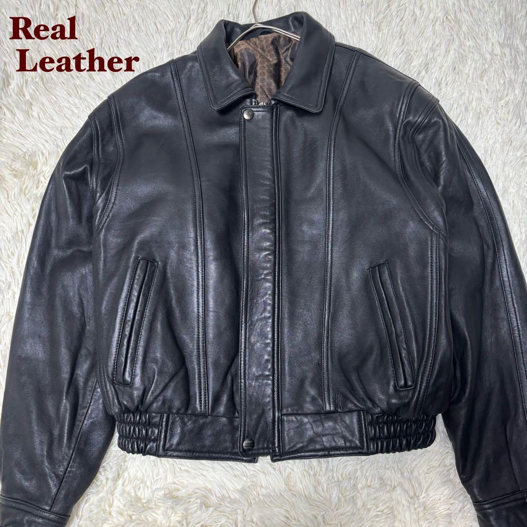 90's✨レザージャケット　本革　ジップブルゾン　ブラック　M 菅田将暉　襟付き