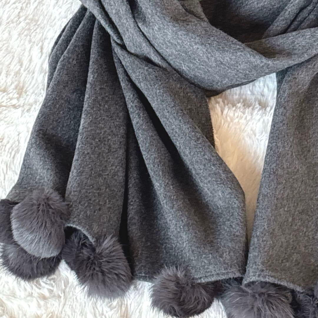 【新品】カシミア100% 大判ストール　マフラー　ラビットファーボンボン付き