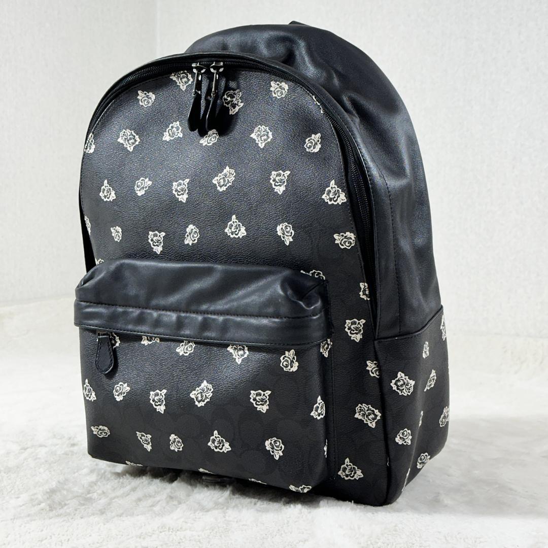 美品 COACH リュック F55970 レザー バラ柄 黒