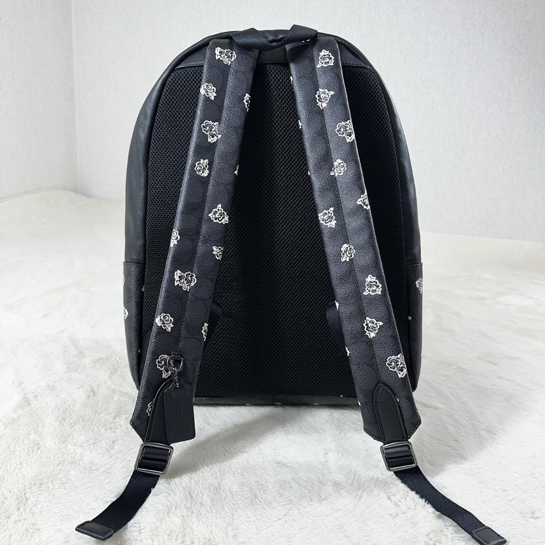 美品 COACH リュック F55970 レザー バラ柄 黒