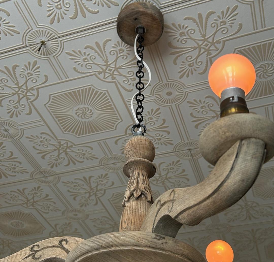 フランスアンティーク　木製シャンデリア　３灯　シャビー　店舗什器