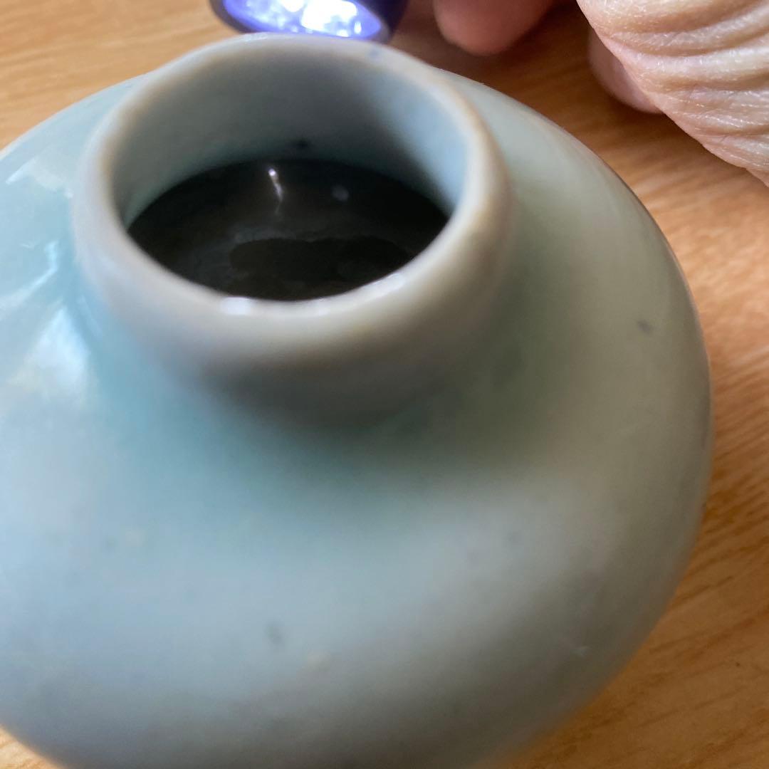 青磁茶入れ　元時代　蓋、仕覆付き