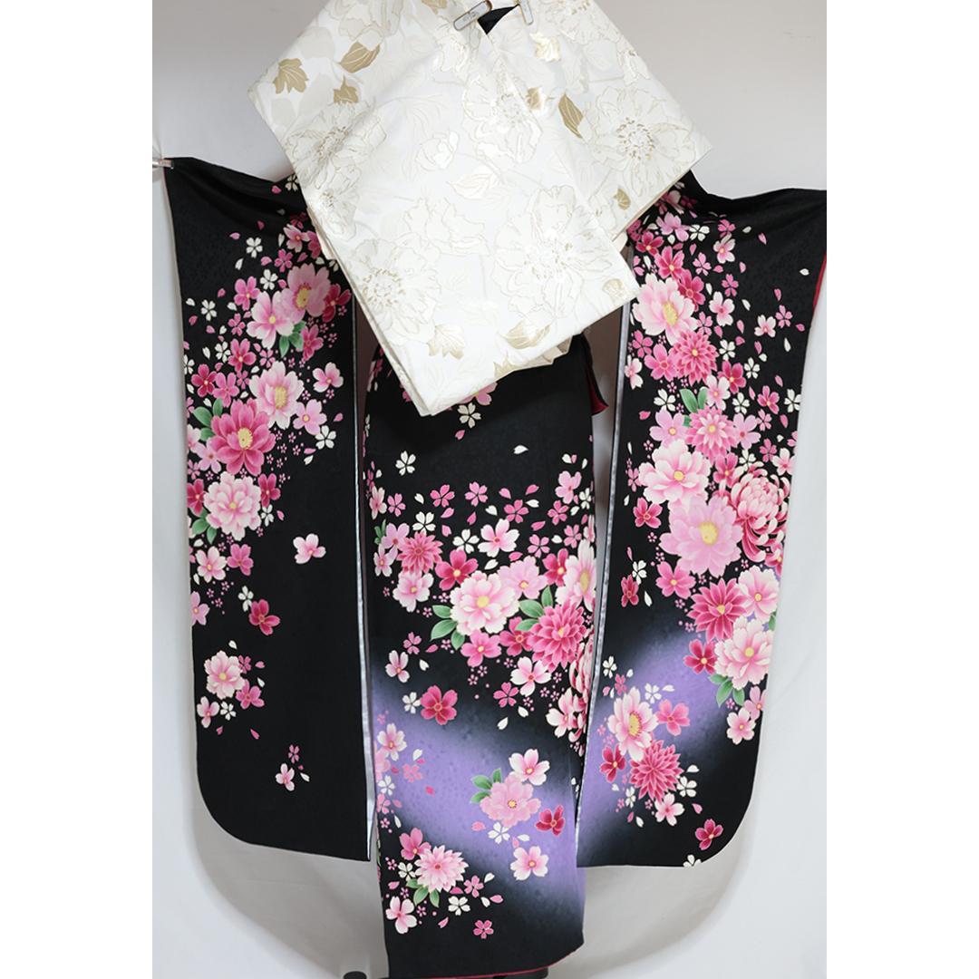 振袖7点セット■トールサイズ174cm帯新品帯締め花フルセット黒成人式BS34