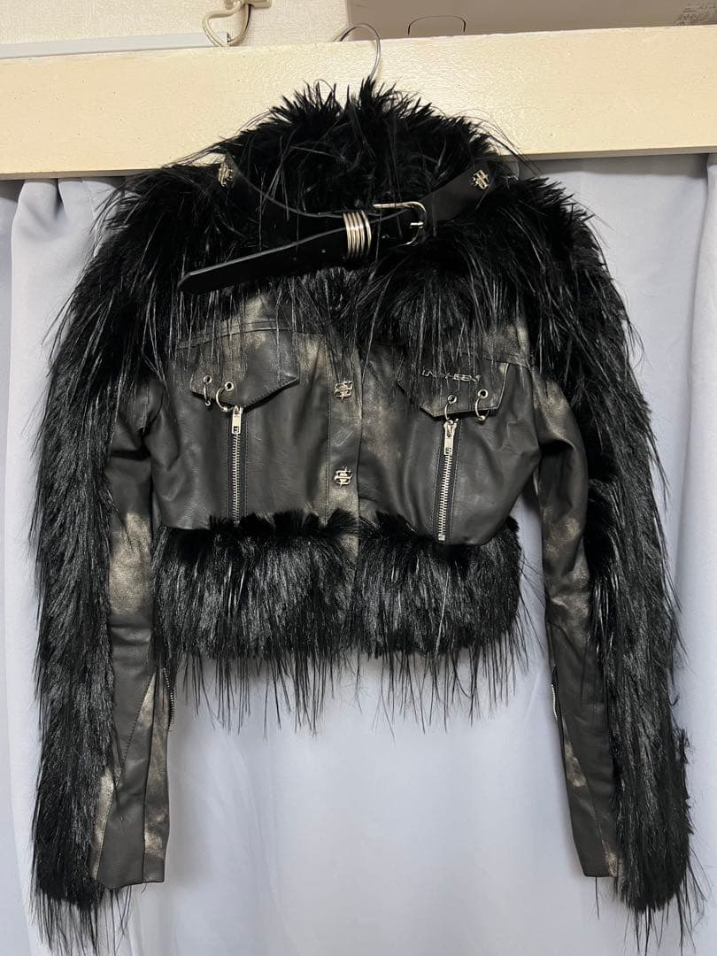 レザー×ファー パッチワーク ベルト付きジャケット ブラック S opium