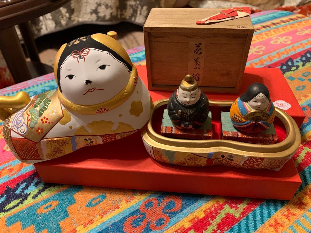 廃盤品 須原陶磁工房 須はら飾り 犬筥 雛人形セット 若義雛 古い雛人形 雛祭り