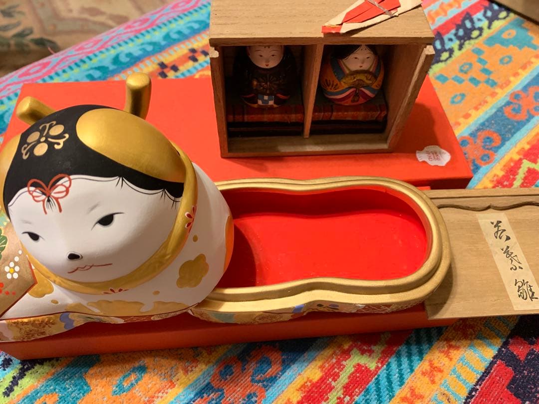 廃盤品 須原陶磁工房 須はら飾り 犬筥 雛人形セット 若義雛 古い雛人形 雛祭り