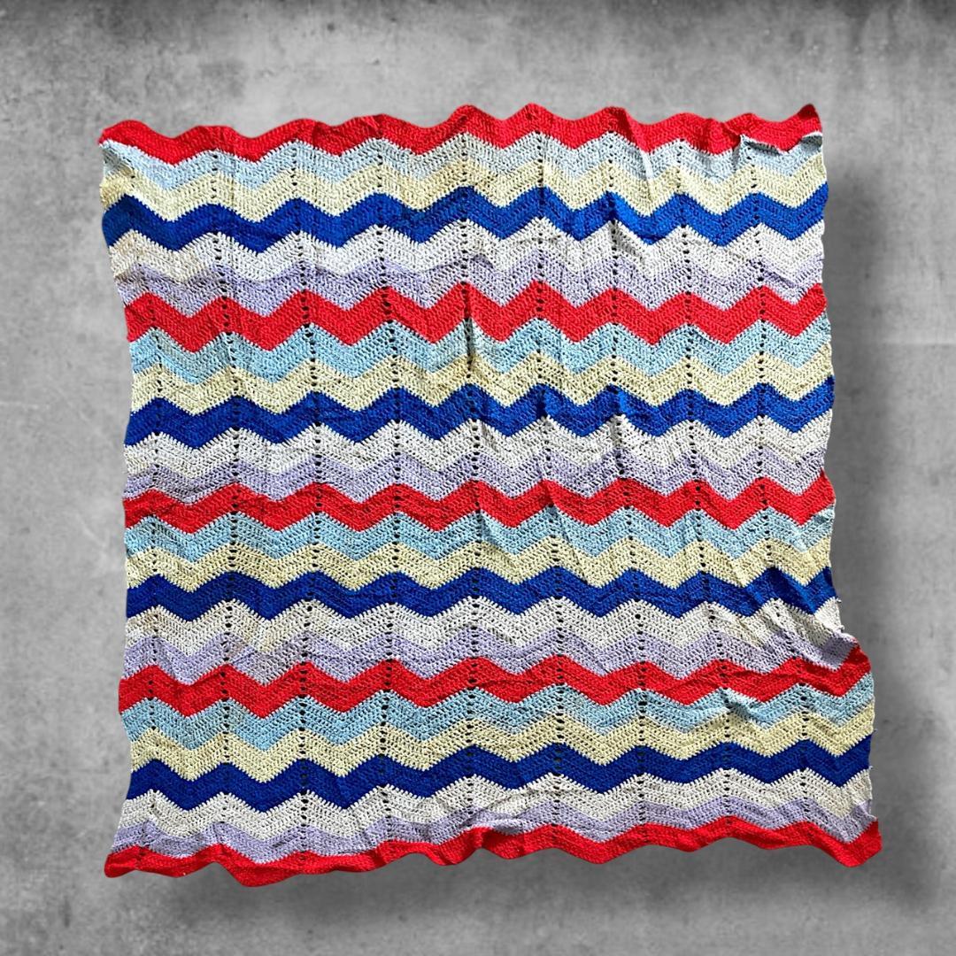 BQJU クロシェ ニット ラグ ビンテージ 赤 青 黄 シェブロン柄 L