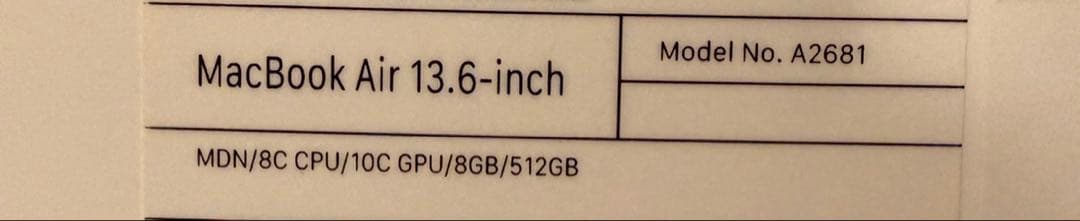 MacBook Air 13.6インチ A2681 512GB SSD