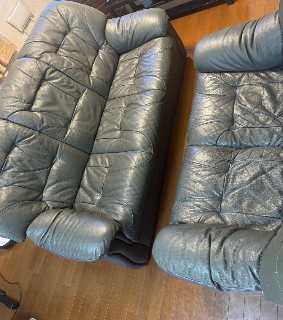 ダークグリーン レザーソファセット