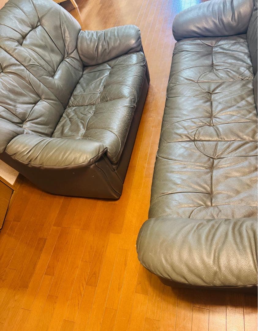 ダークグリーン レザーソファセット