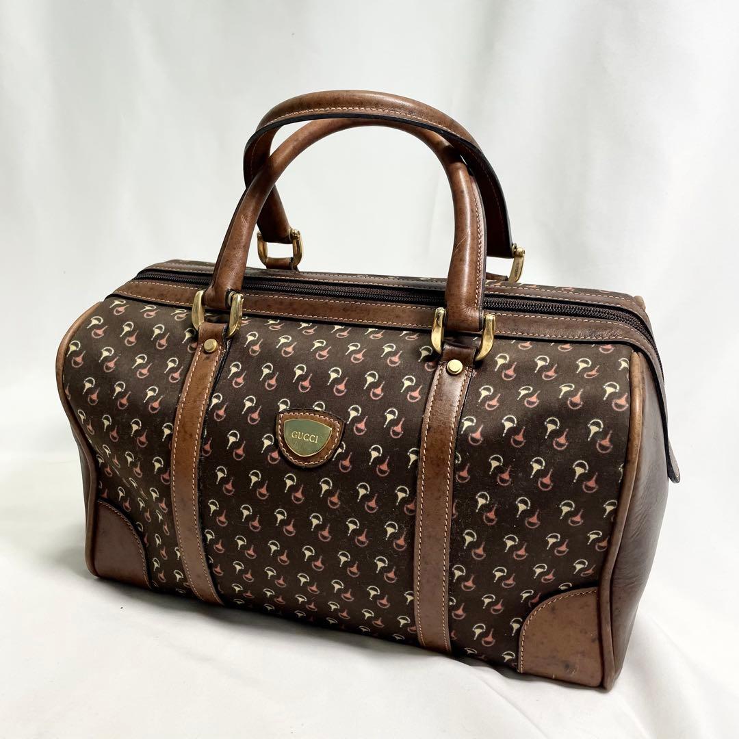 オールド グッチ ミニボストンバッグ レザー ホースビット柄 ブラウン 金金具