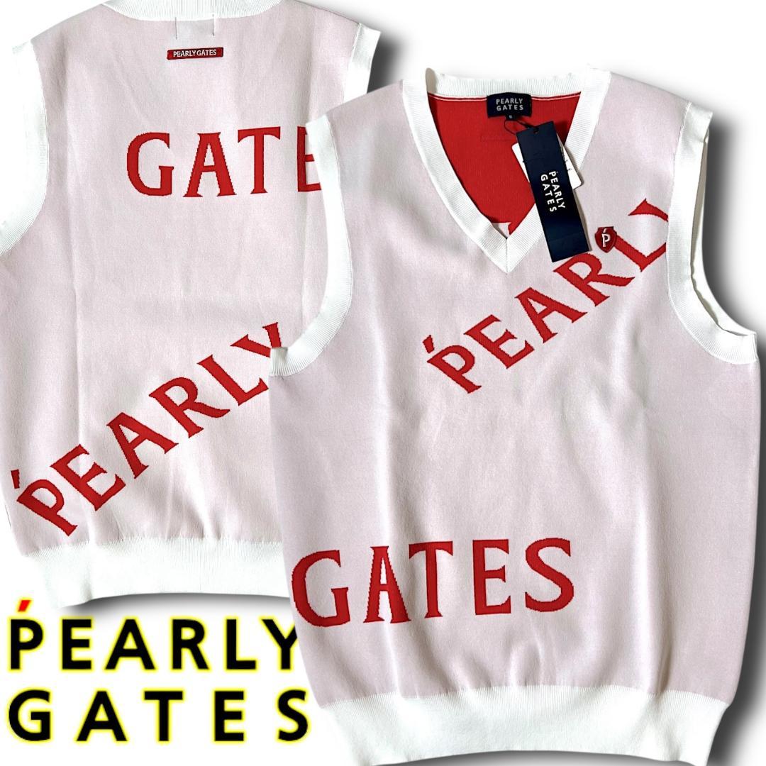 5 パーリーゲイツ ローカルポリ メゾンビッグロゴ Vネック ニットベスト 白赤