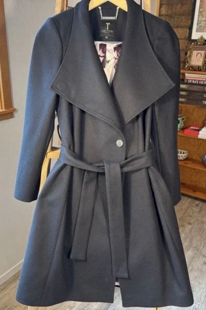 TED BAKER ウール ラップ コート スタンドカラー ロング ベルト　黒