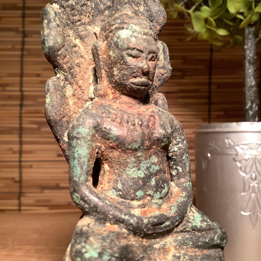 12世紀・スコータイ 「仏陀・蛇神ナーガ」多頭蛇・仏教守護神・￼青銅仏・出土