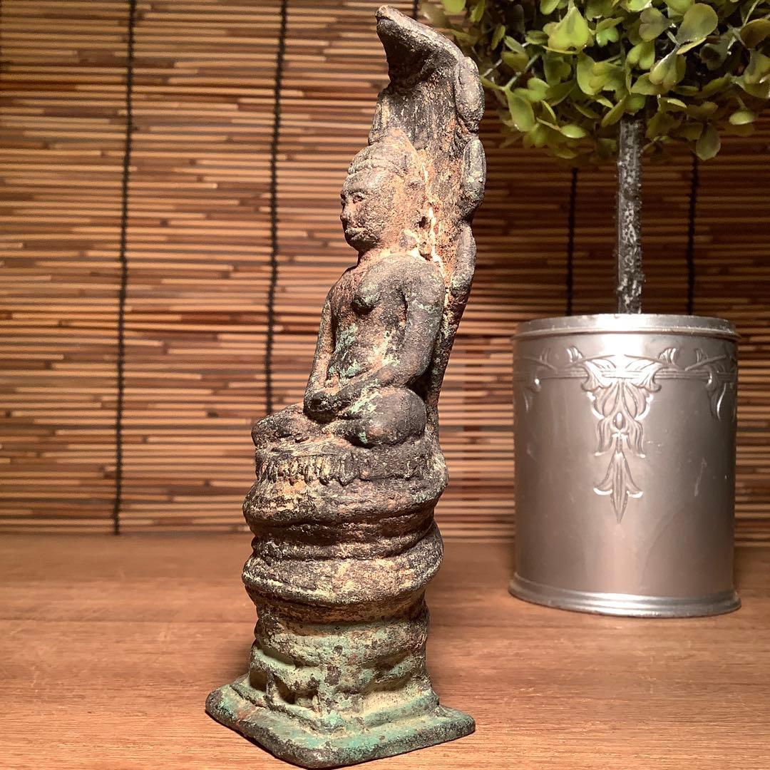 12世紀・スコータイ 「仏陀・蛇神ナーガ」多頭蛇・仏教守護神・￼青銅仏・出土