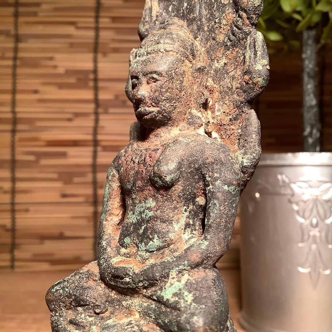 12世紀・スコータイ 「仏陀・蛇神ナーガ」多頭蛇・仏教守護神・￼青銅仏・出土