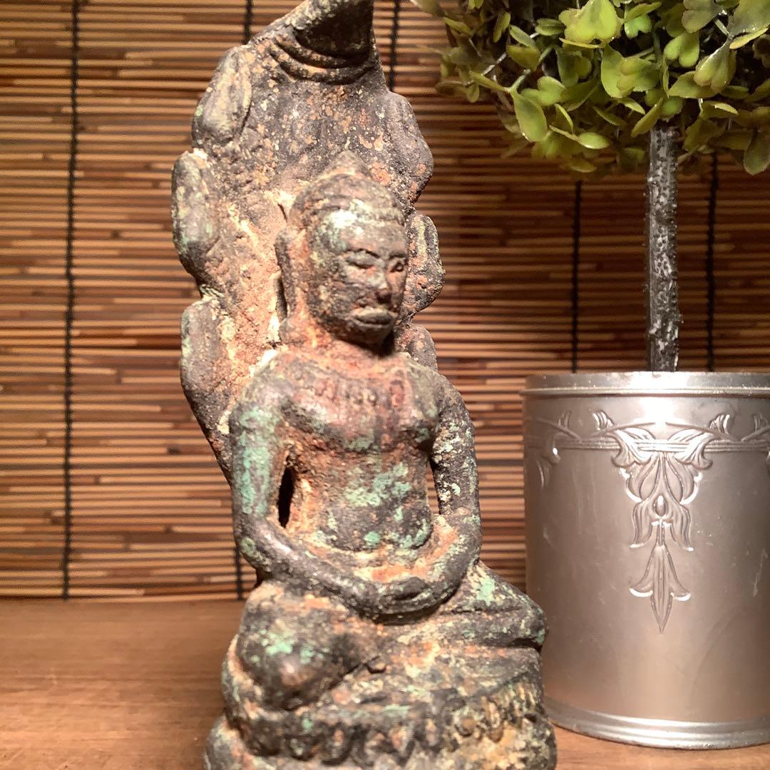 12世紀・スコータイ 「仏陀・蛇神ナーガ」多頭蛇・仏教守護神・￼青銅仏・出土