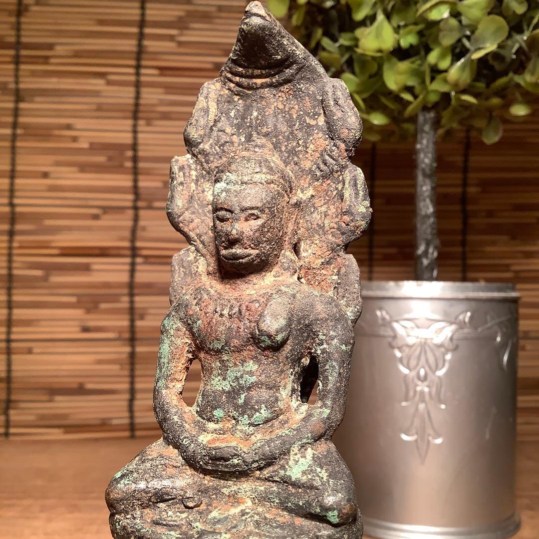 12世紀・スコータイ 「仏陀・蛇神ナーガ」多頭蛇・仏教守護神・￼青銅仏・出土